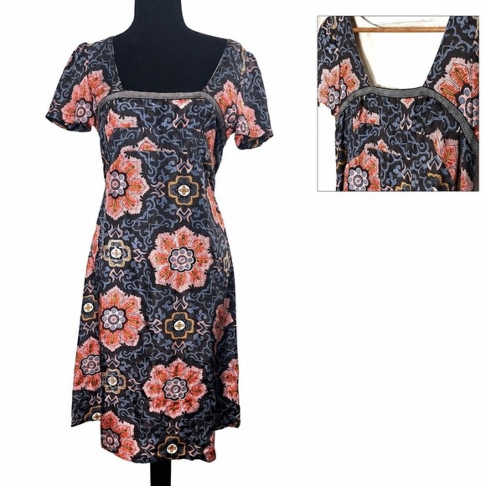 Vintage Silk Empire Waist Midi Dress Women 40 (S) Beaded Artisan Boutique Resort